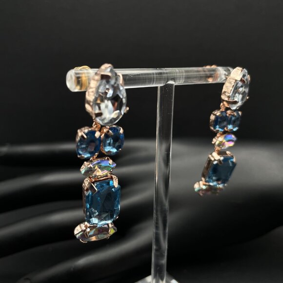Vintage Blue Aurora Borealis Rhinestone Dangle Pierced Earrings Rose Gold Tone - Picture 3 of 9